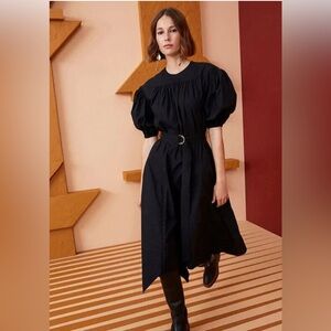 Ulla Johnson Arlenis Dress Midi Pleated Black Resort Cotton Poplin Size 8